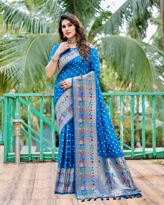 Premium Blue Bandhej Paithani Silk Saree with Zari Weaving, Rich Pallu & Matching Blouse – Elegant and Comfortable Designer Drapes.