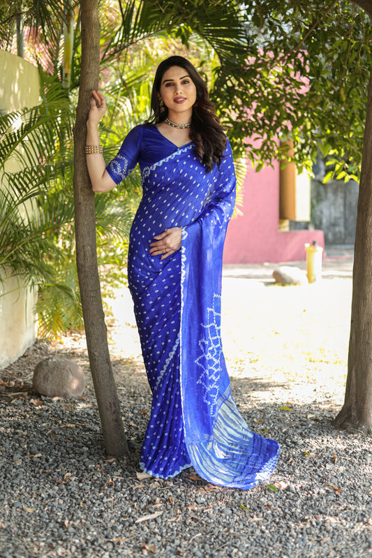 Blue Bandhej Silk Saree with Bandhej Border