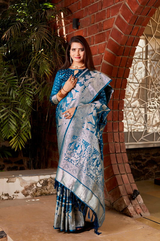 Blue Pure Kanjivaram Soft Satin Silk Saree