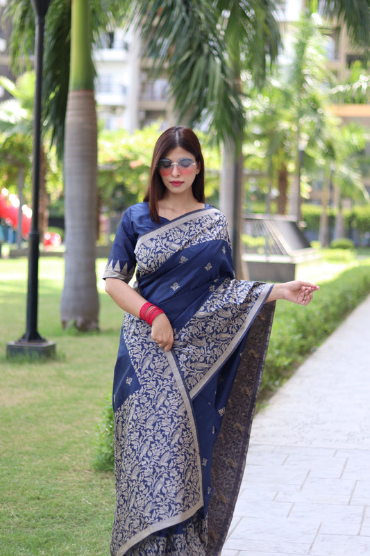 Blue Bangalore Handloom Raw Silk Saree with Running Blouse