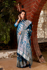 Blue Pure Kanjivaram Soft Satin Silk Saree