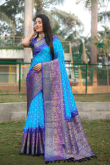 Blue Handmade Bandhej Kanjivaram Silk Saree With Bandhej Design