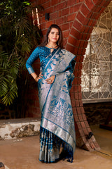 Blue Pure Kanjivaram Soft Satin Silk Saree