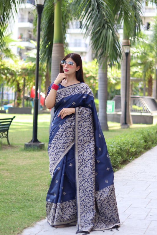 Blue Bangalore Handloom Raw Silk Saree with Running Blouse