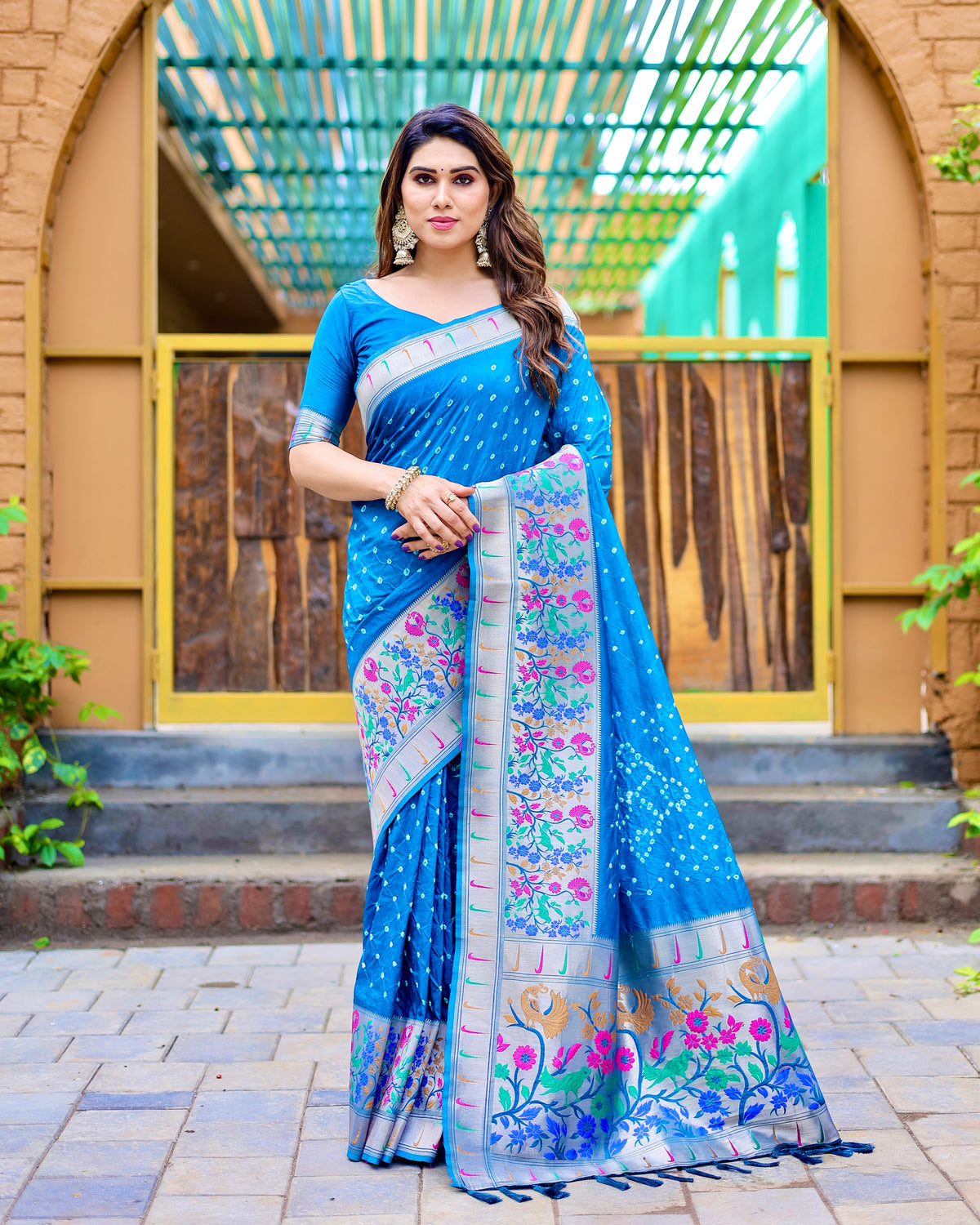 Blue Bandhej Paithani Silk Saree Matching Blouse