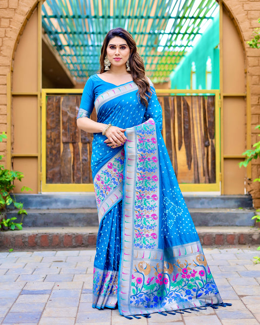 Premium Blue Bandhej Paithani Silk Saree – High Quality, Stylish Design with Zari Weaving, Paithani Border, Rich Pallu, and Matching Blouse.