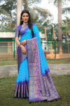 Blue Handmade Bandhej Kanjivaram Silk Saree With Bandhej Design