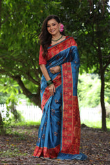 Blue Soft Tussar Silk Saree with Beautiful Peacock Prints