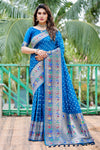 Premium Blue Bandhej Paithani Silk Saree with Zari Weaving, Rich Pallu & Matching Blouse – Elegant and Comfortable Designer Drapes.