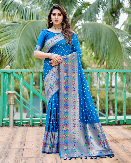 Premium Blue Bandhej Paithani Silk Saree with Zari Weaving, Rich Pallu & Matching Blouse – Elegant and Comfortable Designer Drapes.