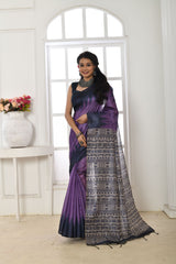 Blue Soft Tussar Silk Saree with Temple Border Print