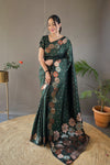 Dark Green Color Pure Soft Silk Saree with Copper & Gold Weaving, Floral Panel, All-Over Buttis | Fully Woven Unstitched Blouse.