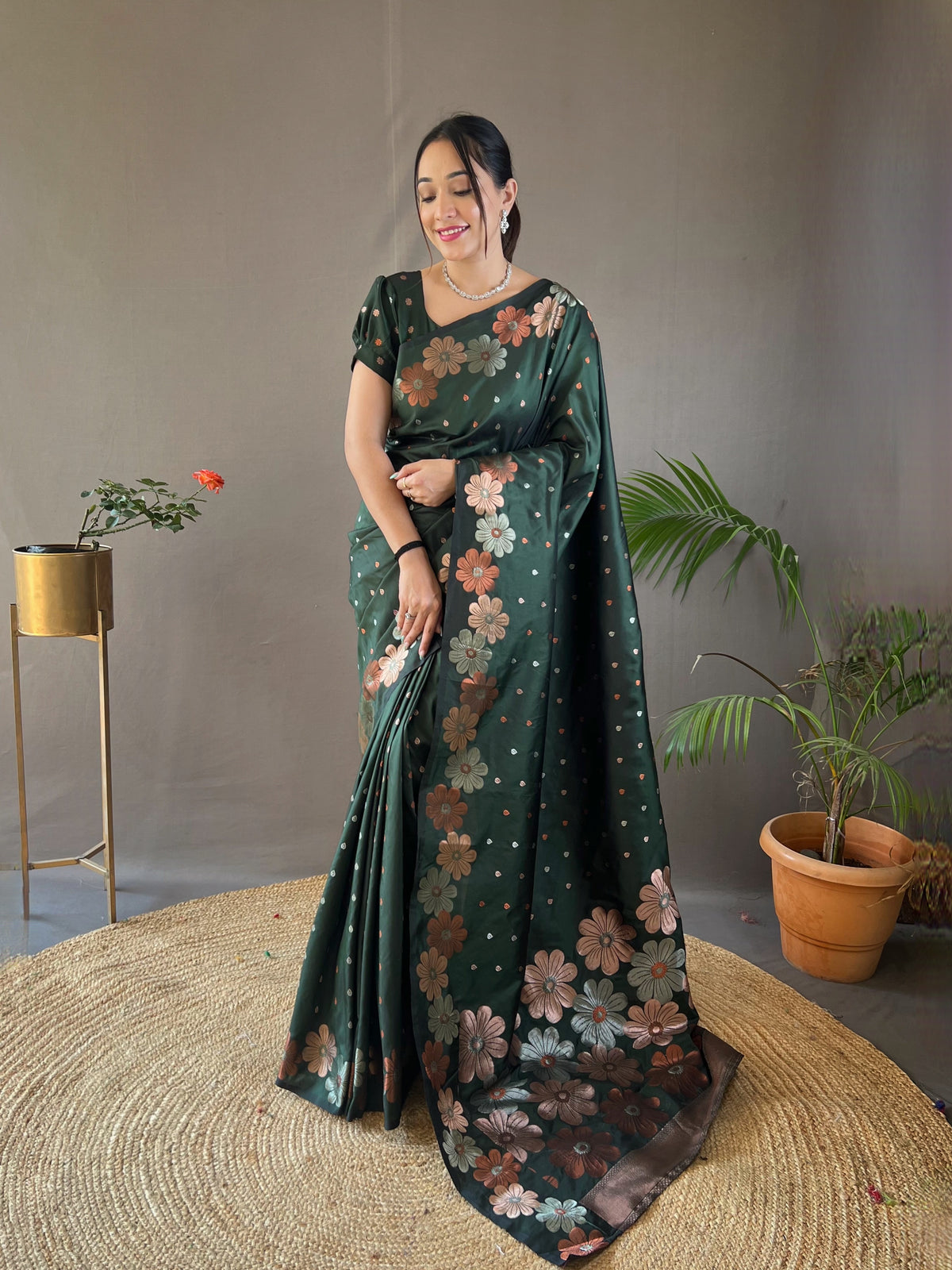 Dark Green Color Pure Soft Silk Saree with Copper & Gold Weaving, Floral Panel, All-Over Buttis | Fully Woven Unstitched Blouse.