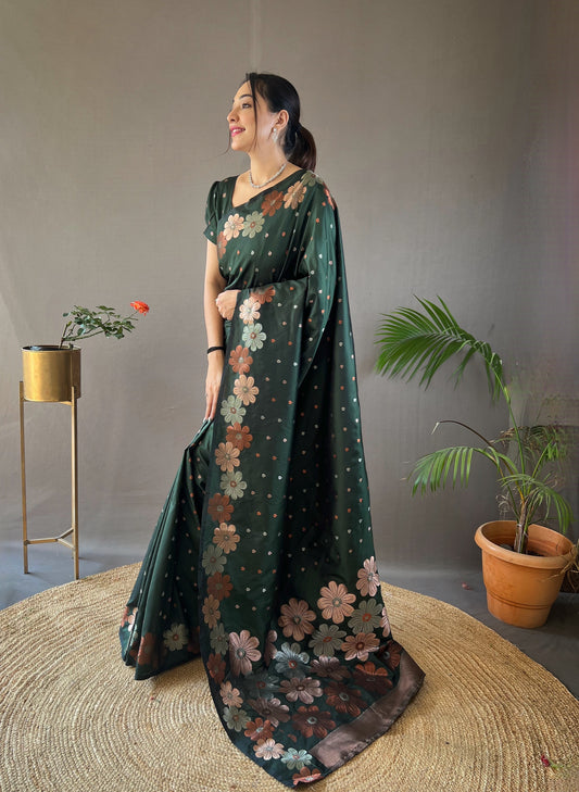 Dark Green Color Pure Soft Silk Saree with Copper & Gold Weaving, Floral Panel, All-Over Buttis | Fully Woven Unstitched Blouse.