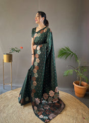 Dark Green Color Pure Soft Silk Saree with Copper & Gold Weaving, Floral Panel, All-Over Buttis | Fully Woven Unstitched Blouse.