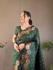 Dark Green Color Pure Soft Silk Saree with Copper & Gold Weaving, Floral Panel, All-Over Buttis | Fully Woven Unstitched Blouse.