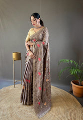 Brown Tussar Silk Saree with Embroidery Design