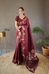 Brown Color Pure Soft Silk Saree with Copper & Gold Weaving, Floral Panel, All-Over Buttis | Fully Woven Unstitched Blouse.