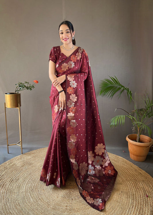 Brown Color Pure Soft Silk Saree with Copper & Gold Weaving, Floral Panel, All-Over Buttis | Fully Woven Unstitched Blouse.