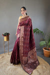 Elegantly Brown Woven Silk Saree with Silver, Copper, and Antique Detailing: Jacquard Border and All-Over Zari Lining with Unstitched Blouse Piece.