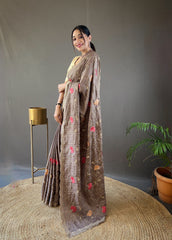 Brown Tussar Silk Saree with Embroidery Design