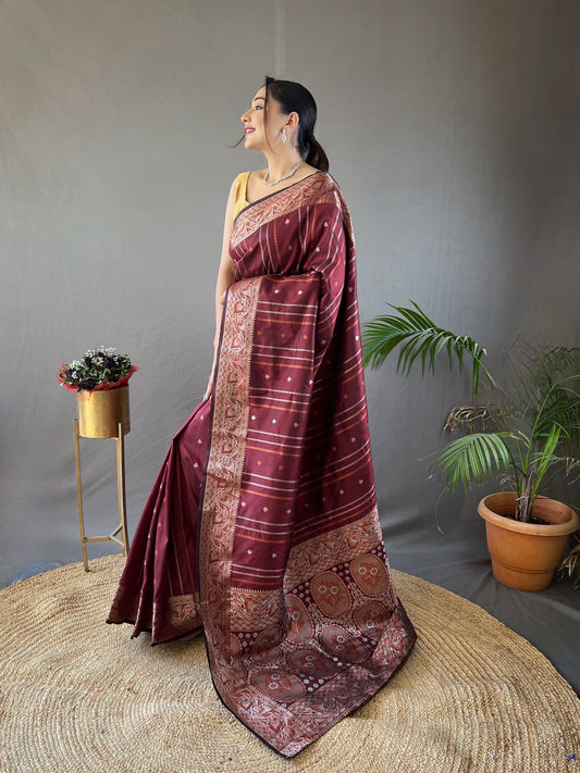 Elegantly Brown Woven Silk Saree with Silver, Copper, and Antique Detailing: Jacquard Border and All-Over Zari Lining with Unstitched Blouse Piece.