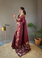 Brown Color Pure Soft Silk Saree with Copper & Gold Weaving, Floral Panel, All-Over Buttis | Fully Woven Unstitched Blouse.