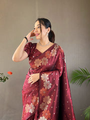 Brown Color Pure Soft Silk Saree with Copper & Gold Weaving, Floral Panel, All-Over Buttis | Fully Woven Unstitched Blouse.