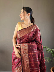 Elegantly Brown Woven Silk Saree with Silver, Copper, and Antique Detailing: Jacquard Border and All-Over Zari Lining with Unstitched Blouse Piece.