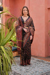 Luxurious Black Extra Soft Pashmina Silk Saree with Vibrant Kashmiri Jal Weaving Pattern and Elegant Tassels.