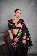 Exquisite Black Color Tussar Silk Saree with Stunning Lotus Pichwai Print - A Blend of Traditional Elegance and Modern Floral Design.