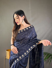 Black Pure Ruhi Silk Saree with Embroidered Blouse Piece