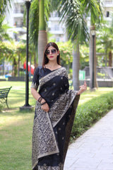 Black Bangalore Handloom Raw Silk Saree With Running Blouse