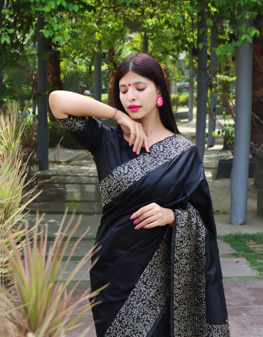 Black Kalamkari Bangalori Handloom Raw Silk Weaving Saree