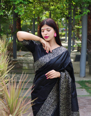 Black Kalamkari Bangalori Handloom Raw Silk Weaving Saree