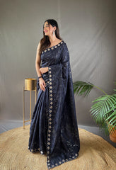 Black Pure Ruhi Silk Saree with Embroidered Blouse Piece