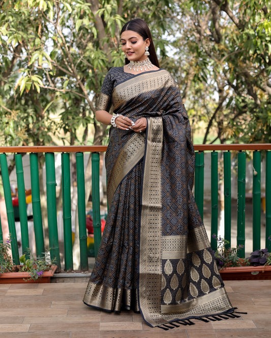 Exquisite Black Pure Silk Bandhej Patola Sarees Featuring Rich Zari Weaving and Contrasting Borders With Unstitched Blouse Piece.