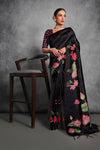 Exquisite Black Color Tussar Silk Saree with Stunning Lotus Pichwai Print - A Blend of Traditional Elegance and Modern Floral Design.