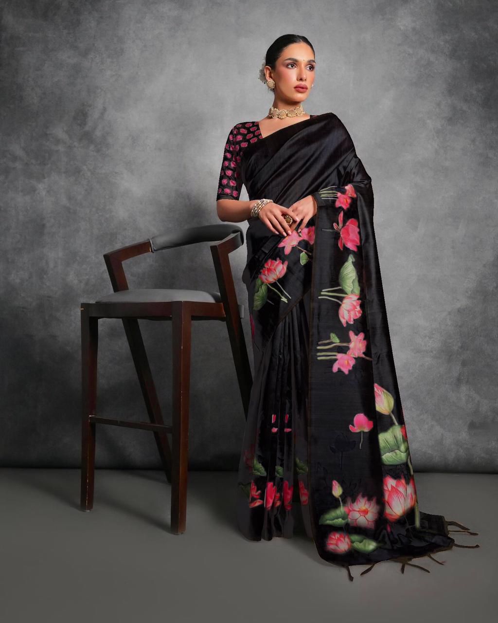 Black Color Tussar Silk Saree with Stunning Lotus Pichwai Print