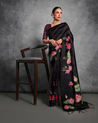 Exquisite Black Color Tussar Silk Saree with Stunning Lotus Pichwai Print - A Blend of Traditional Elegance and Modern Floral Design.