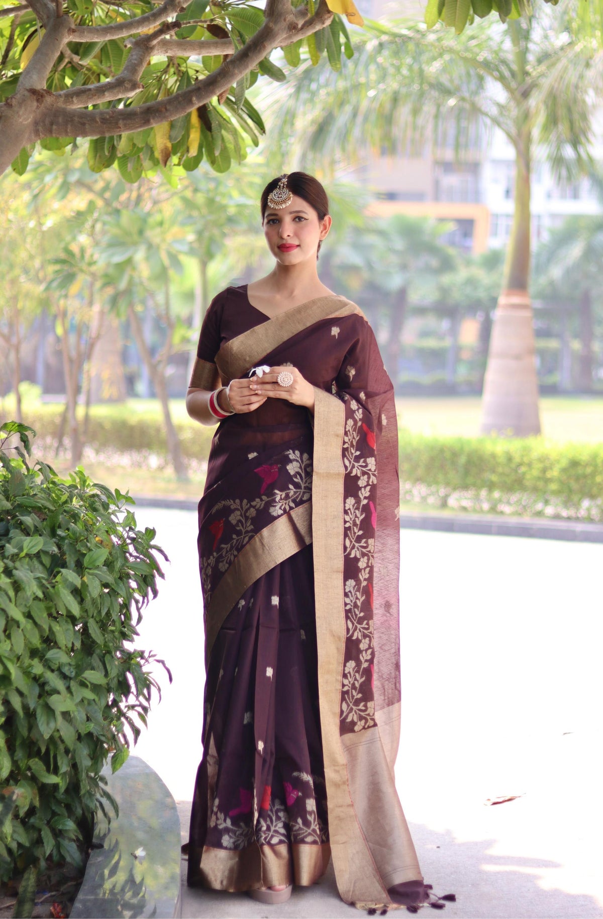 Resham Silk Brown Linen  Saree