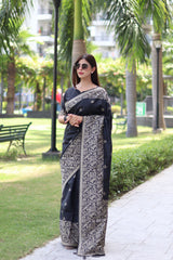 Black Bangalore Handloom Raw Silk Saree With Running Blouse