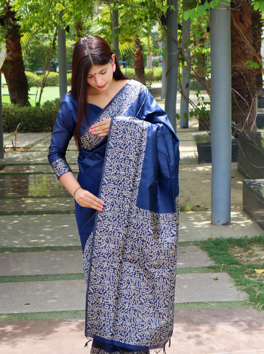 Blue Kalamkari Bangalori Handloom Raw Silk Weaving Saree