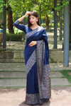 Blue Kalamkari Bangalori Handloom Raw Silk Weaving Saree