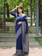 Blue Kalamkari Bangalori Handloom Raw Silk Weaving Saree