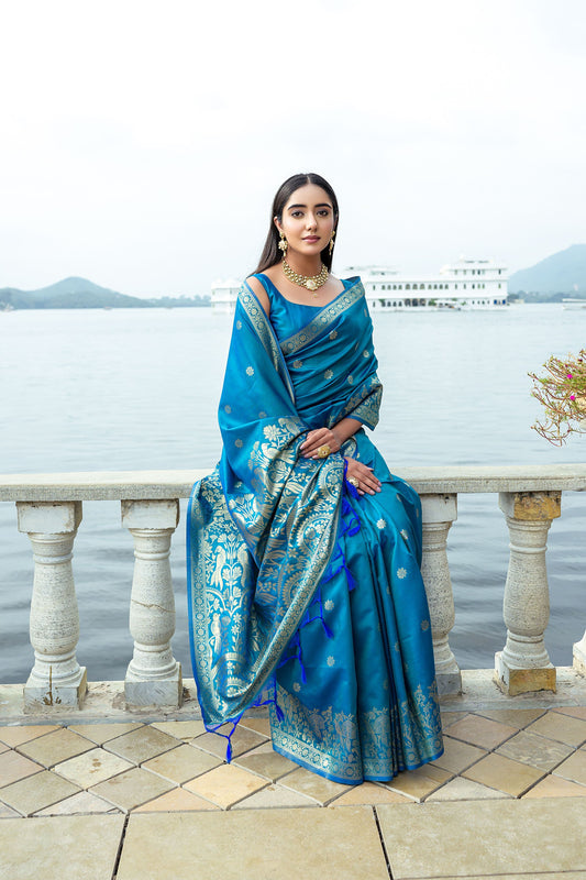 Premium Blue Soft Silk Saree with Fine Zari Weaving Border, Butti Design, and Rich Zari Pallu.