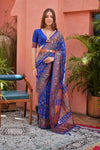 Luxurious Blue Extra Soft Pashmina Silk Saree with Vibrant Kashmiri Jal Weaving Pattern and Elegant Tassels.