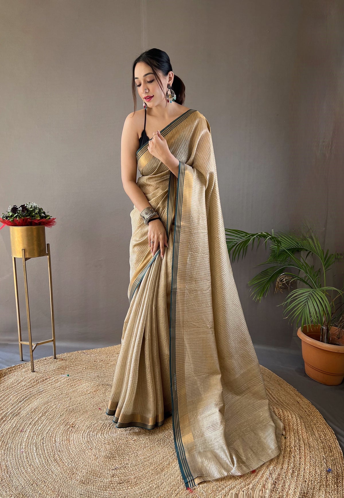 Bronze Color Soft Silk Saree with All-Over Zari Checks Weaving Design and Border | Running Unstitched Blouse Included.