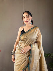 Bronze Color Soft Silk Saree with All-Over Zari Checks Weaving Design and Border | Running Unstitched Blouse Included.