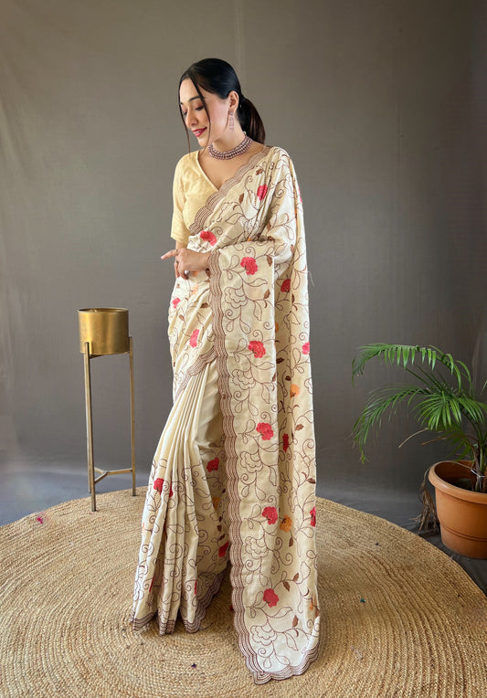 Cream Tussar Silk Saree with Embroidery Design